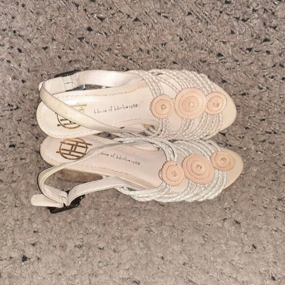 HOUSE OF HARLOW 1960-Beige Leather Braided Strap & Disk Slingback-Sz 6-Excellent - Picture 6 of 7